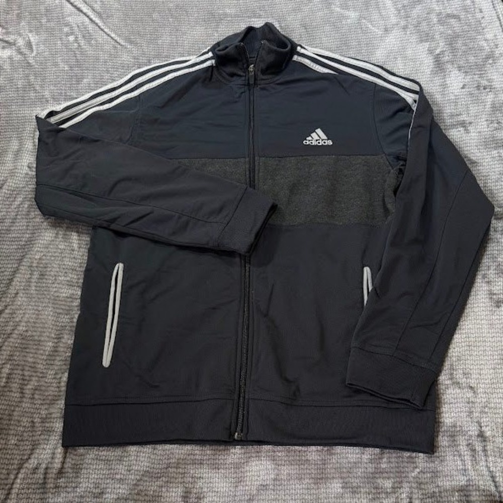 Adidas Mens Track Jacket Black Grey Full Zip 3 Stripe Athletic XL RN 88387